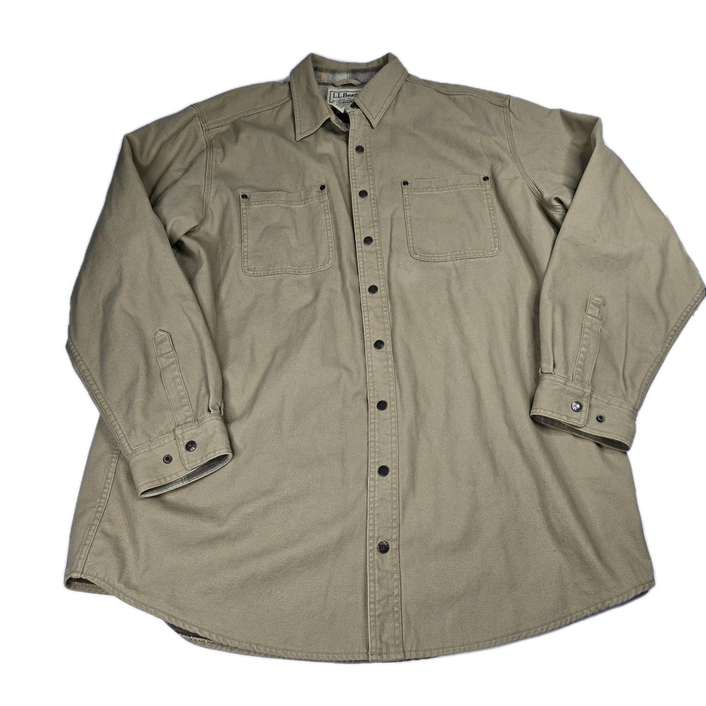 LL Bean Jacket Mens XL‎ Khaki Flannel Lined Shacket Shirt Chore Canvas Work
